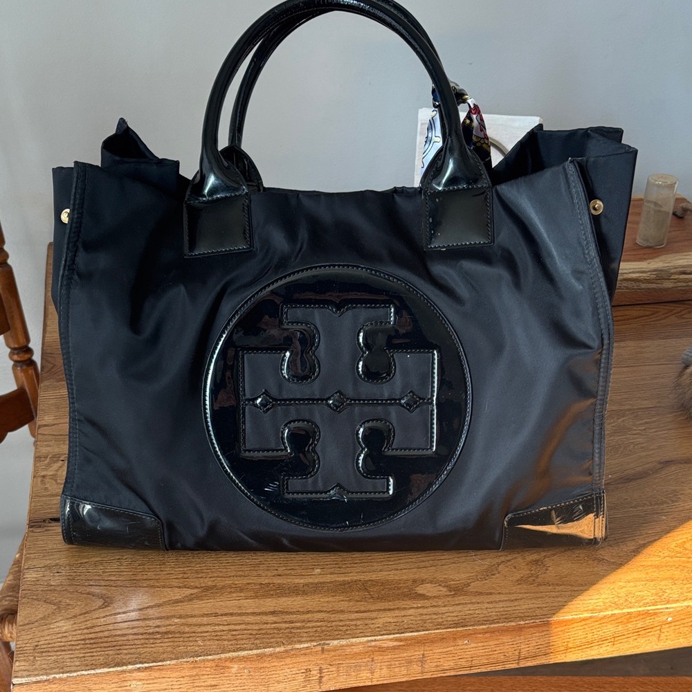 Tory Burch Ella Black Nylon Patent Trim Tote
